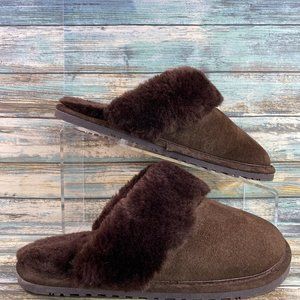 Lamo Scuffs Slippers Womens Size 5-6 Brown Suede Faux Fur Slip On Rubber Soles